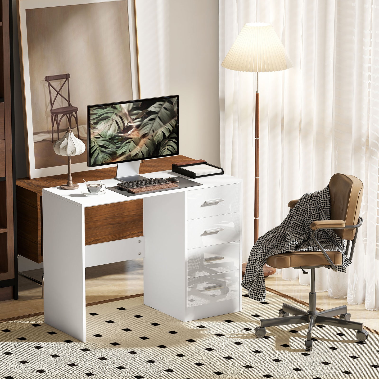 Computer Desk with Drawers, Dressing Table, High Gloss Home Office Writing Workstation, White
