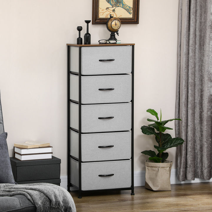 HOMCOM Bedroom Dresser with 5 Fabric Drawers, Industrial Chest of Drawers, Steel Frame with Wooden Top for Nursery, Grey | Aosom UK