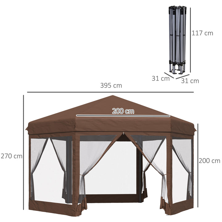 3.5m x 4m Hexagonal Pop Up Gazebo, Canopy Tent Sun Shelter for Patio Outdoor Party, Height Adjustable, with Mosquito Netting and Carry Bag - Brown