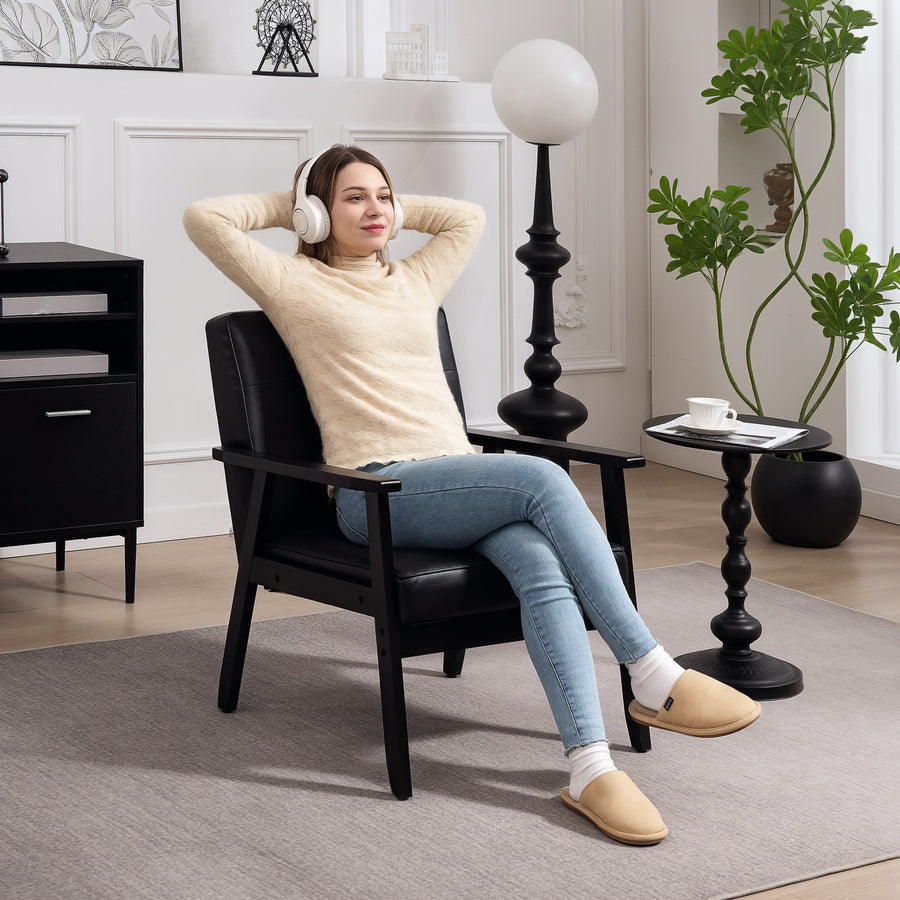 Retro-Style Accent Chair, with Faux Leather Seat - Black
