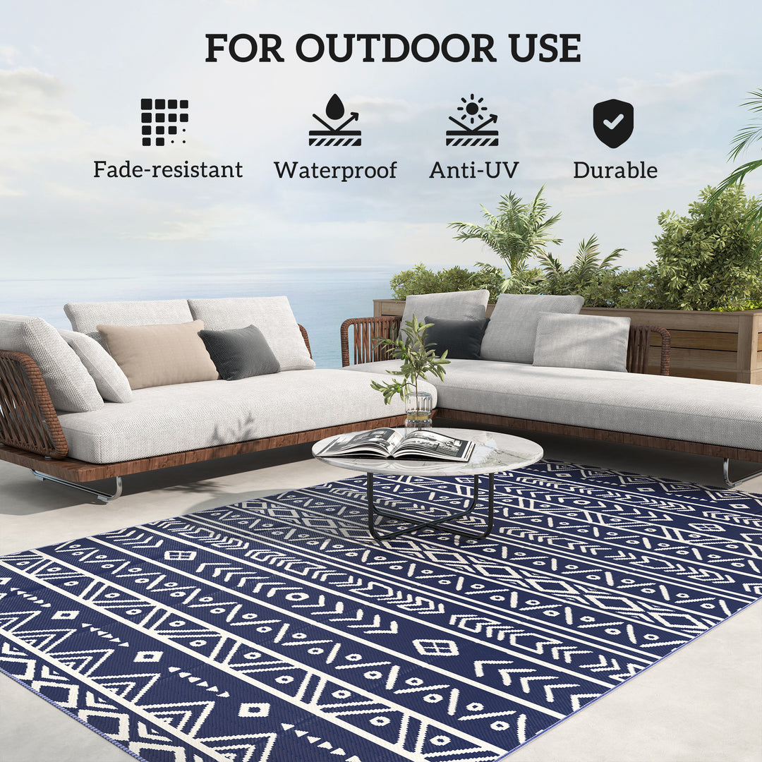 Reversible Outdoor Rug with Carry Bag, Waterproof Plastic Straw Mat for Garden, Deck, RV, Picnic, Beach, Camping, 182 x 274cm, Dark Blue and White