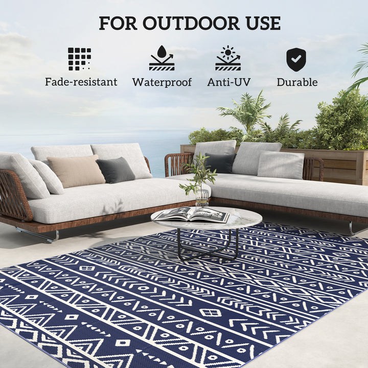 Reversible Outdoor Rug with Carry Bag, Waterproof Plastic Straw Mat for Garden, Deck, RV, Picnic, Beach, Camping, 182 x 274cm, Dark Blue and White