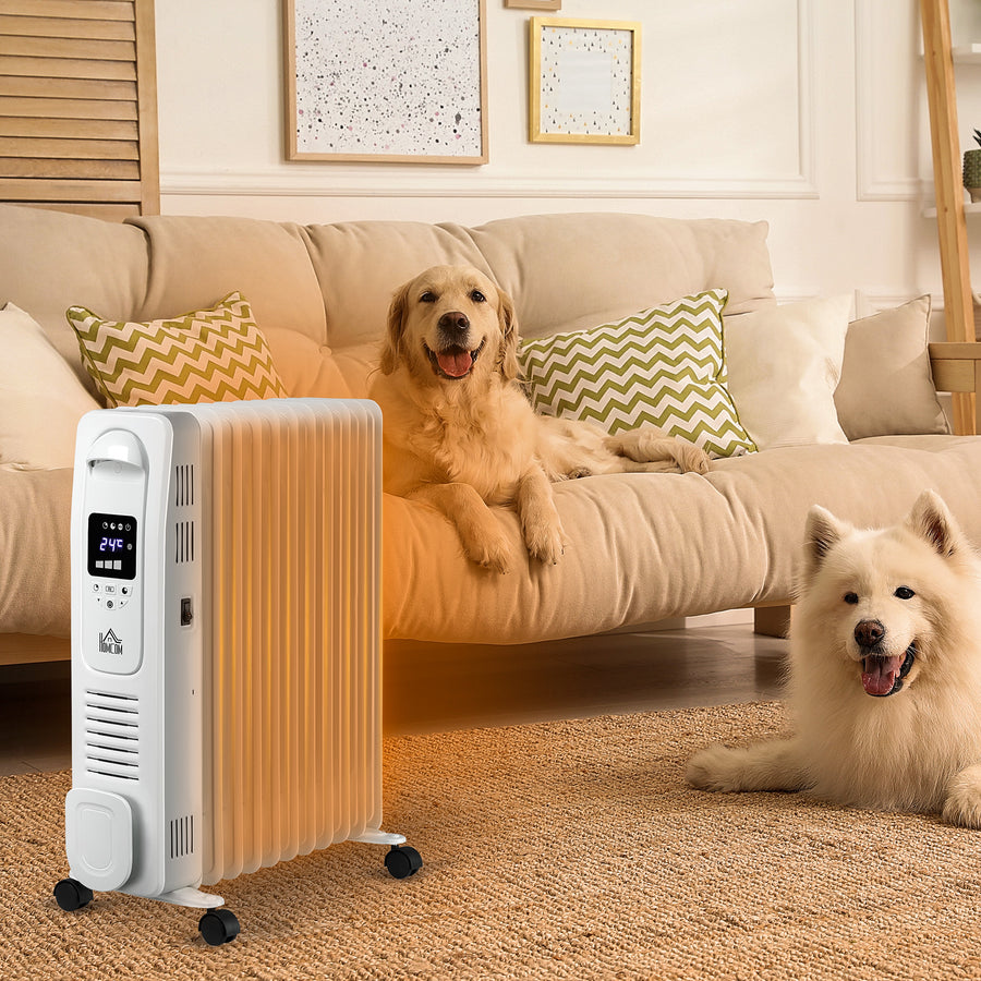 2500W Digital Display Oil Filled Radiator, 11 Fin Portable Electric Heater with Timer, Adjustable Thermostat, Three Heat Settings, Safety Cut Off, Remote, White