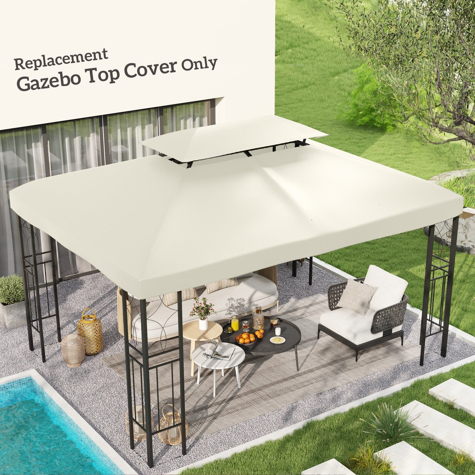 3x4m Gazebo Replacement Roof Canopy 2 Tier Top UV Cover Garden Patio Outdoor Sun Awning Shelters Cream (TOP COVER ONLY)