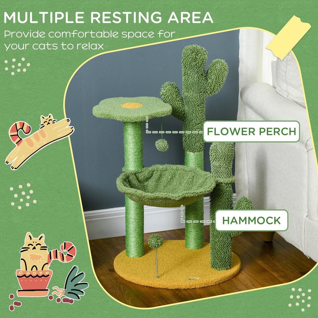 PawHut Cactus Cat Tree: Playful 82cm Chenille with Scratching Post & Hammock, Vibrant Green | Aosom UK