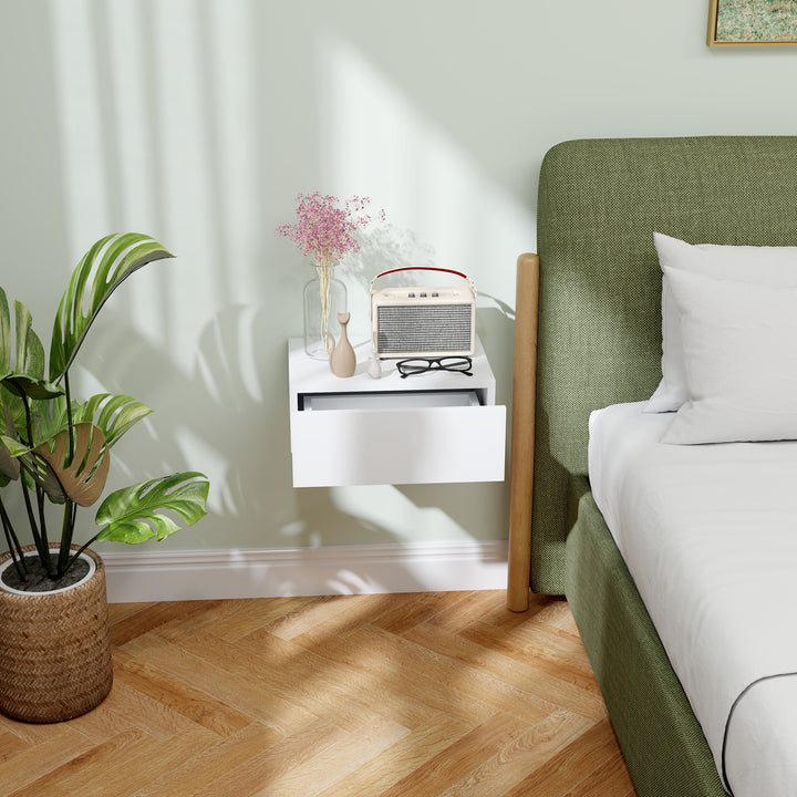 Floating Bedside Table, Wall-Mounted Nightstand with Storage Drawer, Small Side End Table for Bedroom, White