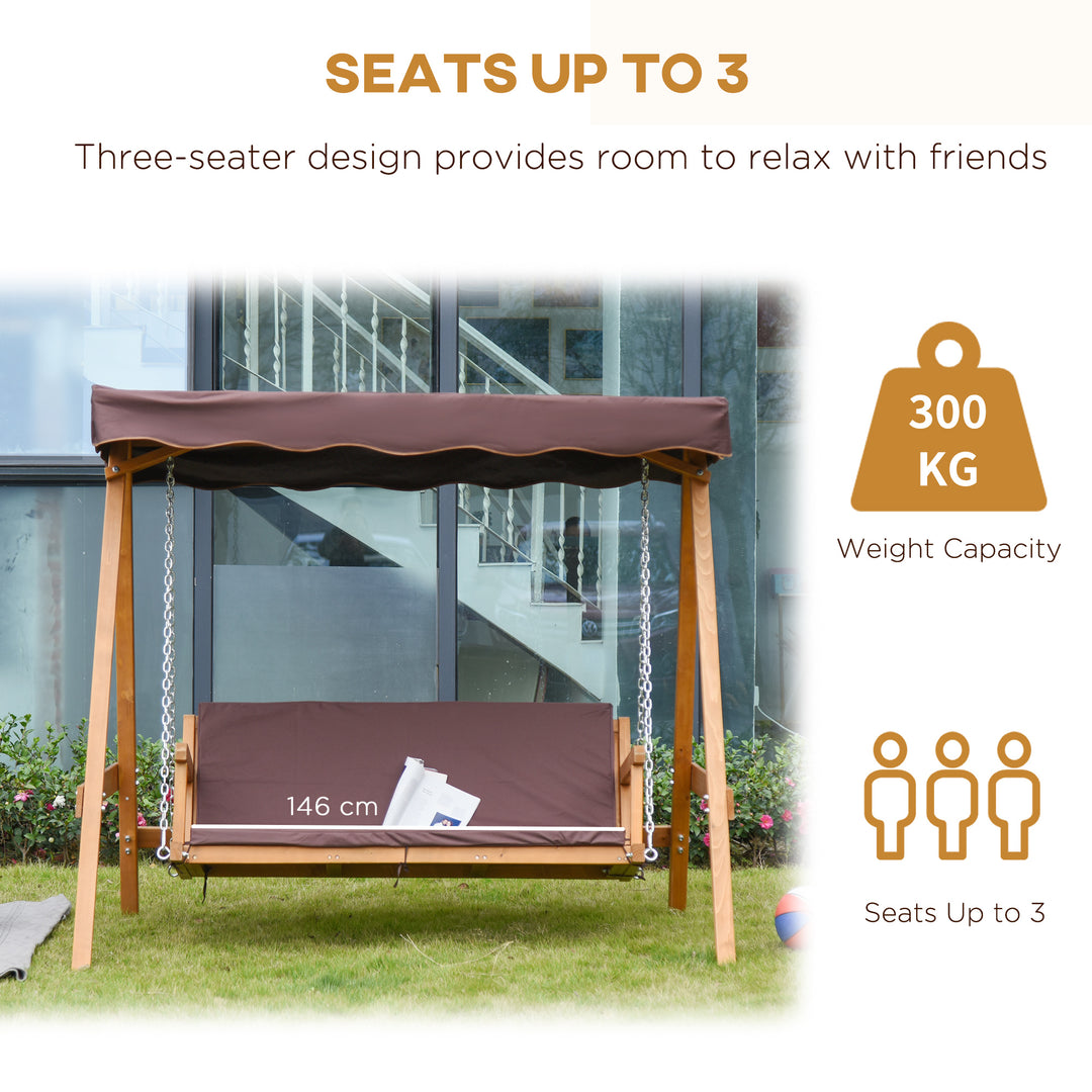 Outsunny 3 Seater Outdoor Garden Swing Chair with Adjustable Canopy, Wooden Hammock Bench with  Padded Cushions for Patio Yard, Brown