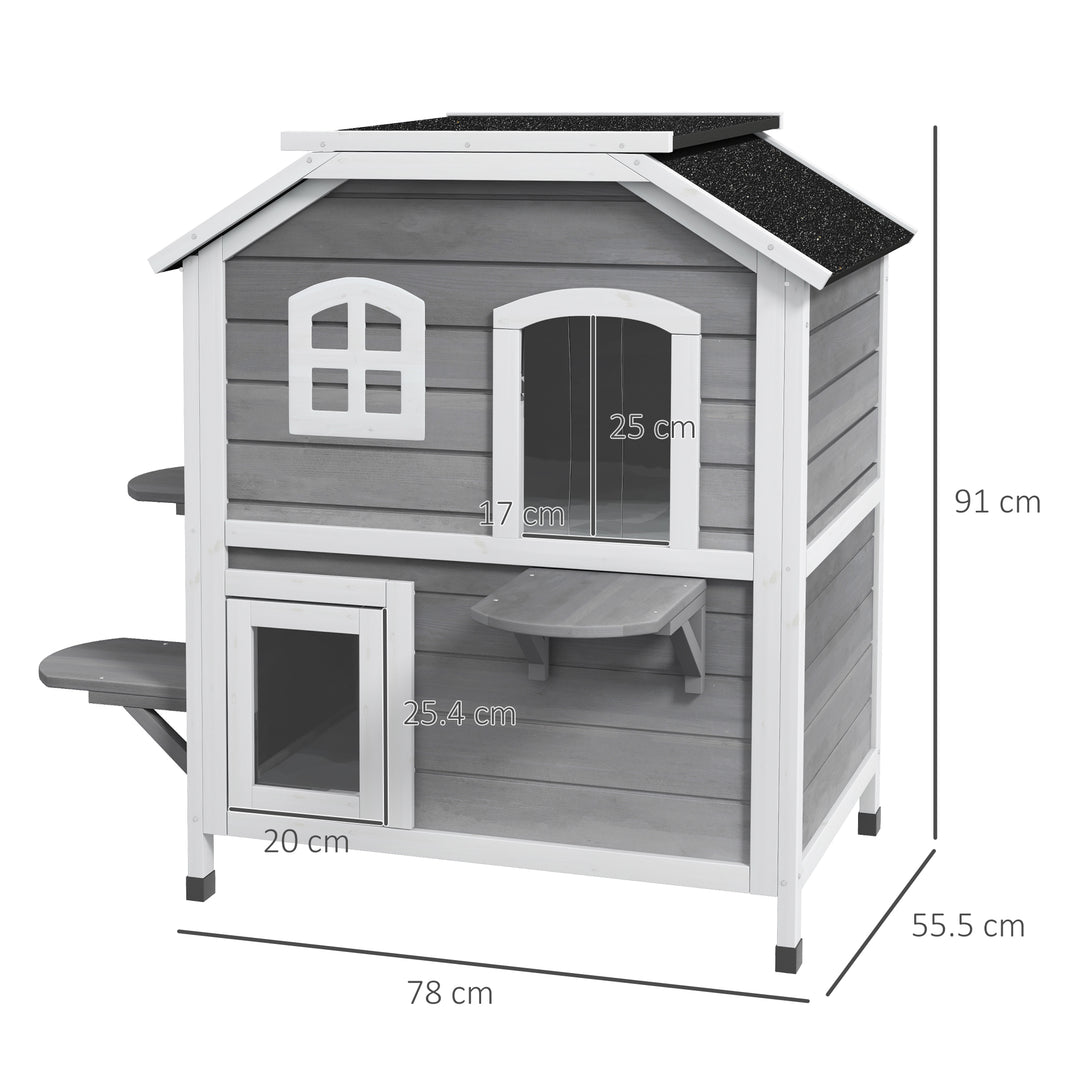 PawHut Solid Wood Cat Condos Pet House Water Proof Outdoor 2-Floor Villa, Grey | Aosom UK