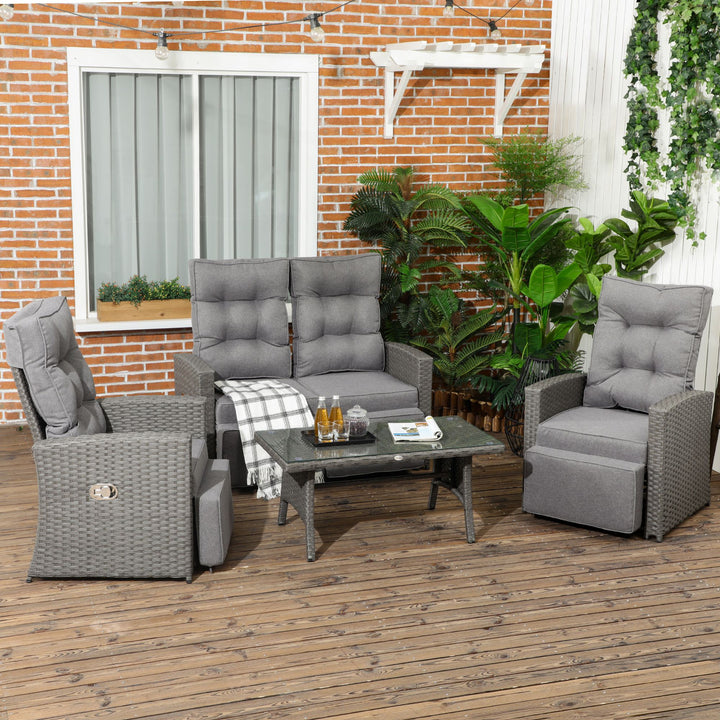 Outsunny 4 Piece Rattan Garden Furniture Sets, 4 Seater Outdoor Sofa Sectional w/Wicker Sofa, Reclining Armchair and Glass Table for Yard, Grey