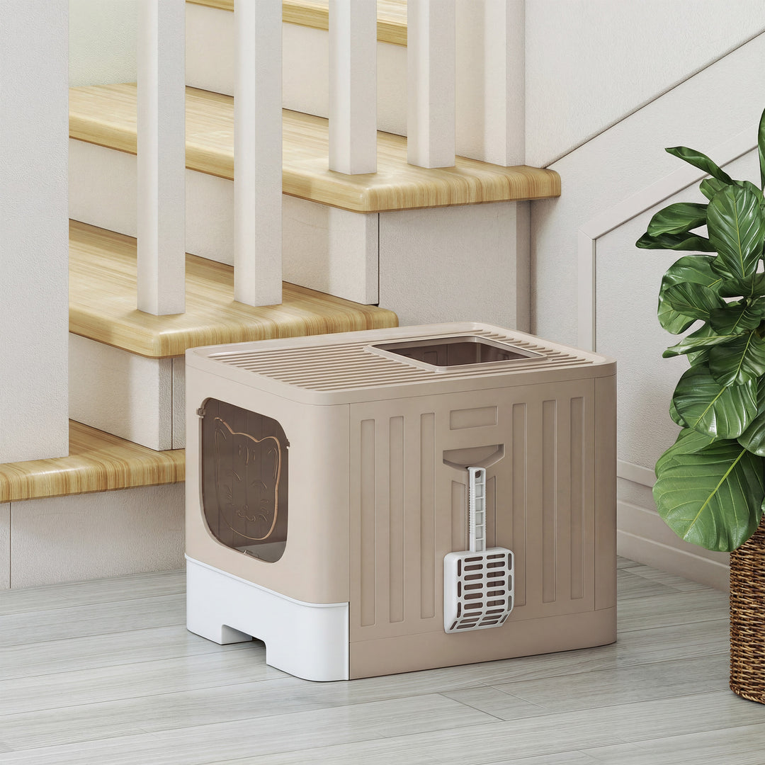 Foldable Cat Litter Box with Lid, Slide-Out Drawer, Scoop, Easy Clean, Odour Control, Anti-Splashing
