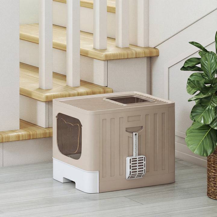 Foldable Cat Litter Box with Lid, Slide-Out Drawer, Scoop, Easy Clean, Odour Control, Anti-Splashing
