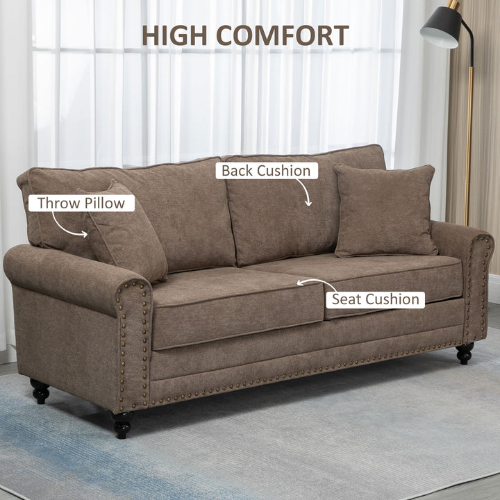3 Seater Sofa, Fabric Couch with Rubber Wood Legs, 3 Seater Settee with Extra Padded Cushions and Pillows for Living Room, 196W x 80.5D x 89H cm, Brown