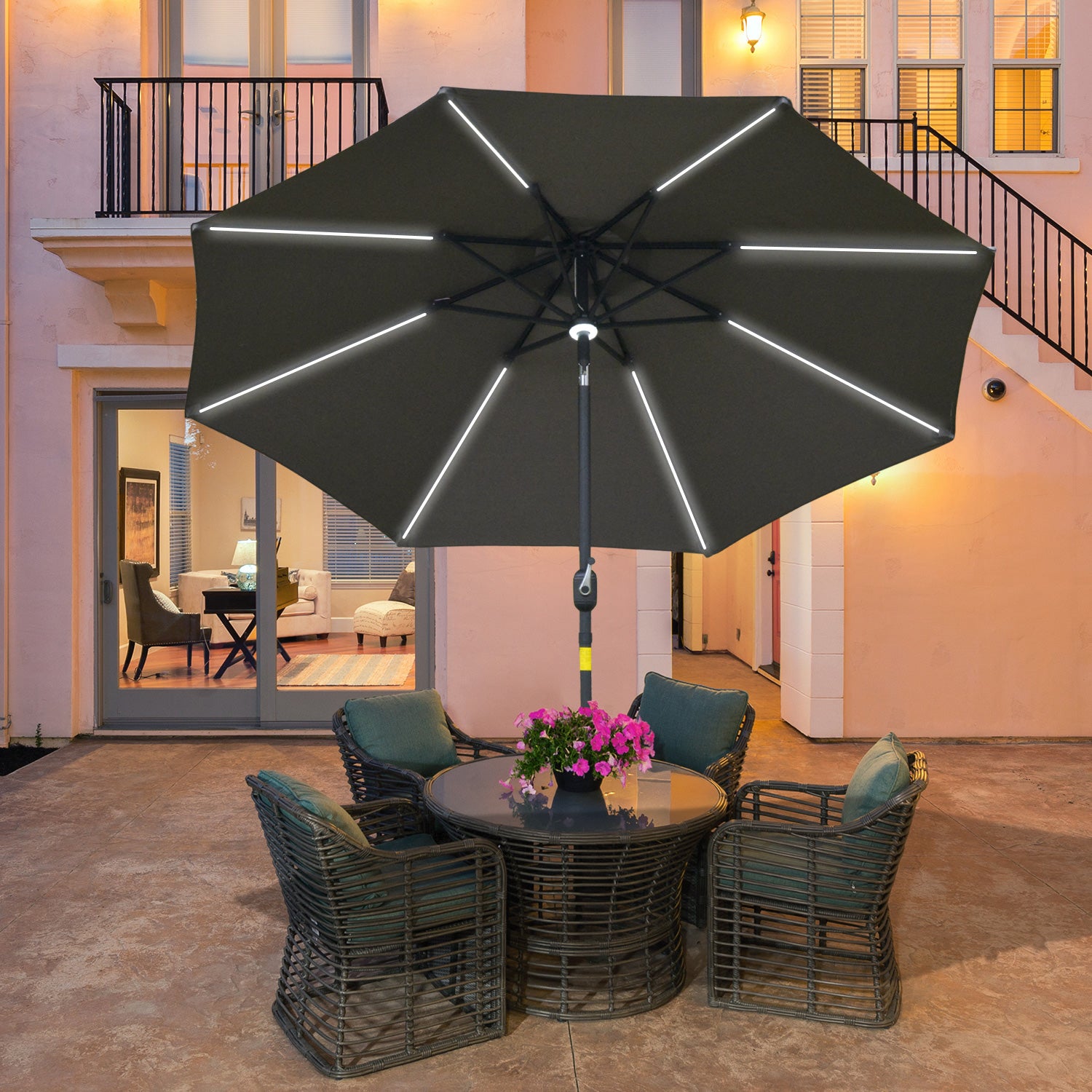 2.7m Garden Parasol Sun Umbrella w/ LED Solar Light Angled Canopy Grey