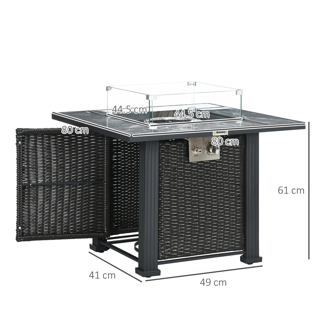 Outdoor PE Rattan Gas Fire Pit Table, Patio Square Propane Heater with Marble Desktop, Rain Cover, Glass Windscreen, and Glass Stones, 50,000 BTU, Black
