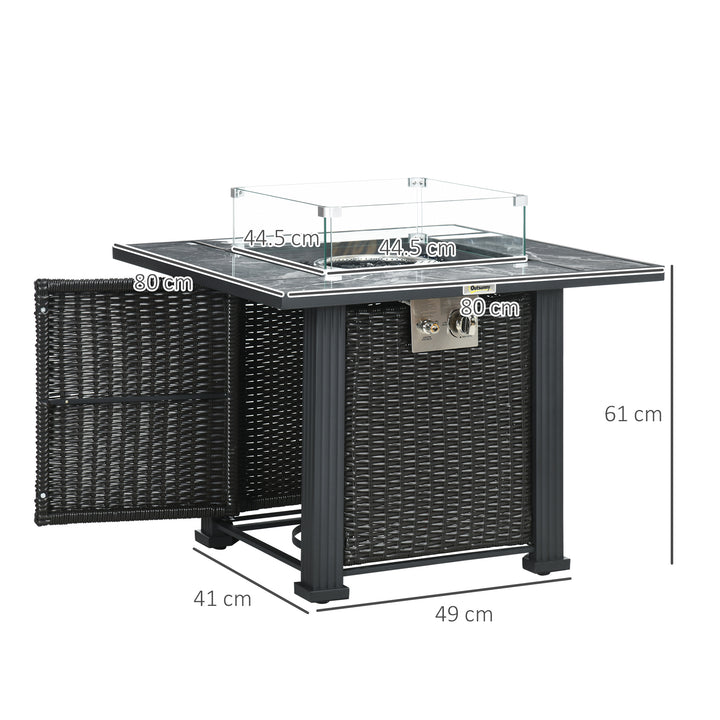Outdoor PE Rattan Gas Fire Pit Table, Patio Square Propane Heater with Marble Desktop, Rain Cover, Glass Windscreen, and Glass Stones, 50,000 BTU, Black