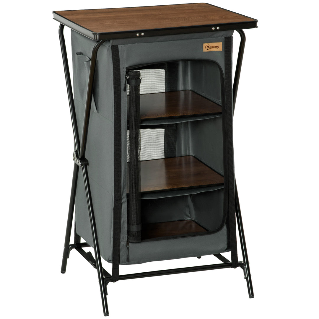 Camping Cupboard, Aluminium Foldable Camping Kitchen Station Cook Table with Storage Shelves and Carrying Bag for BBQ Party Picnic Backyard