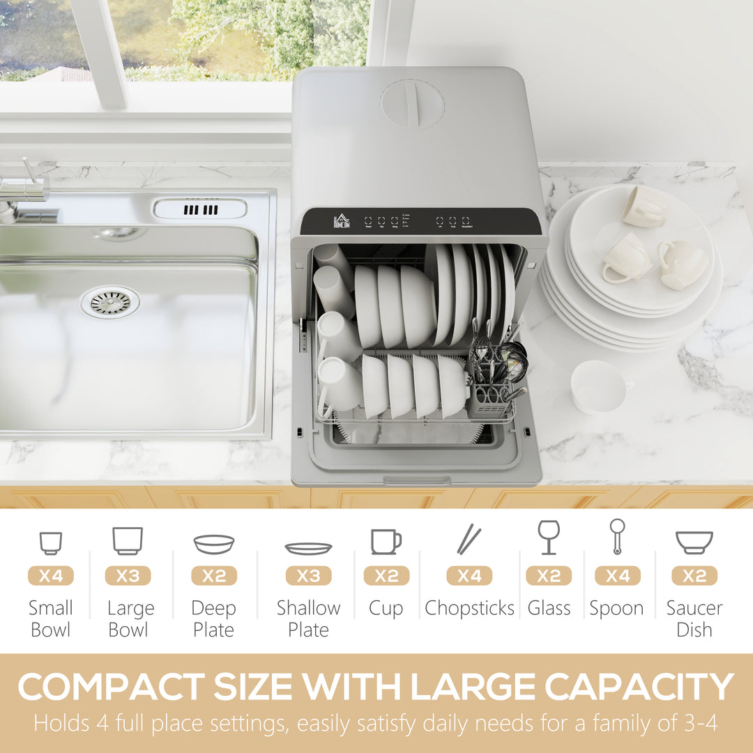 Table Top Dishwasher with Built-in 6L Water Tank, Mini Countertop Dishwasher with 6 Programs, 4 Place Settings, Silver Tone