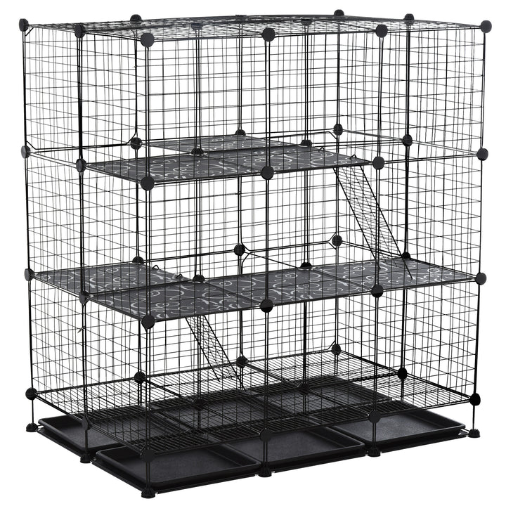 Pawhut 3 Level DIY Pet Playpen Metal Small Animal Cage Guinea Pig Rabbit Ferret Chinchillas Cage 4 Doors Bottom Trays Black | Aosom UK