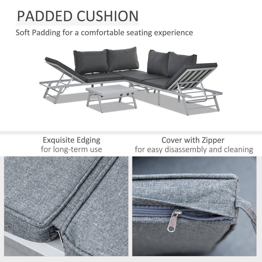 3 Pieces Garden Furniture Sets, 6 Seater Corner Sofa Set with Adjustable Backrest Chase Lounge with Slatted Metal Top Table, Padded Cushion, Grey