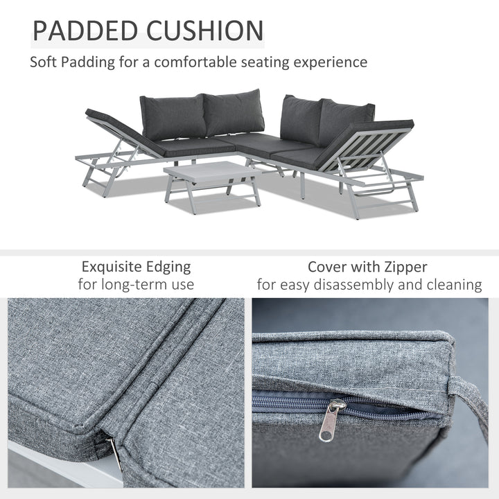 3 Pieces Garden Furniture Sets, 6 Seater Corner Sofa Set with Adjustable Backrest Chase Lounge with Slatted Metal Top Table, Padded Cushion, Grey