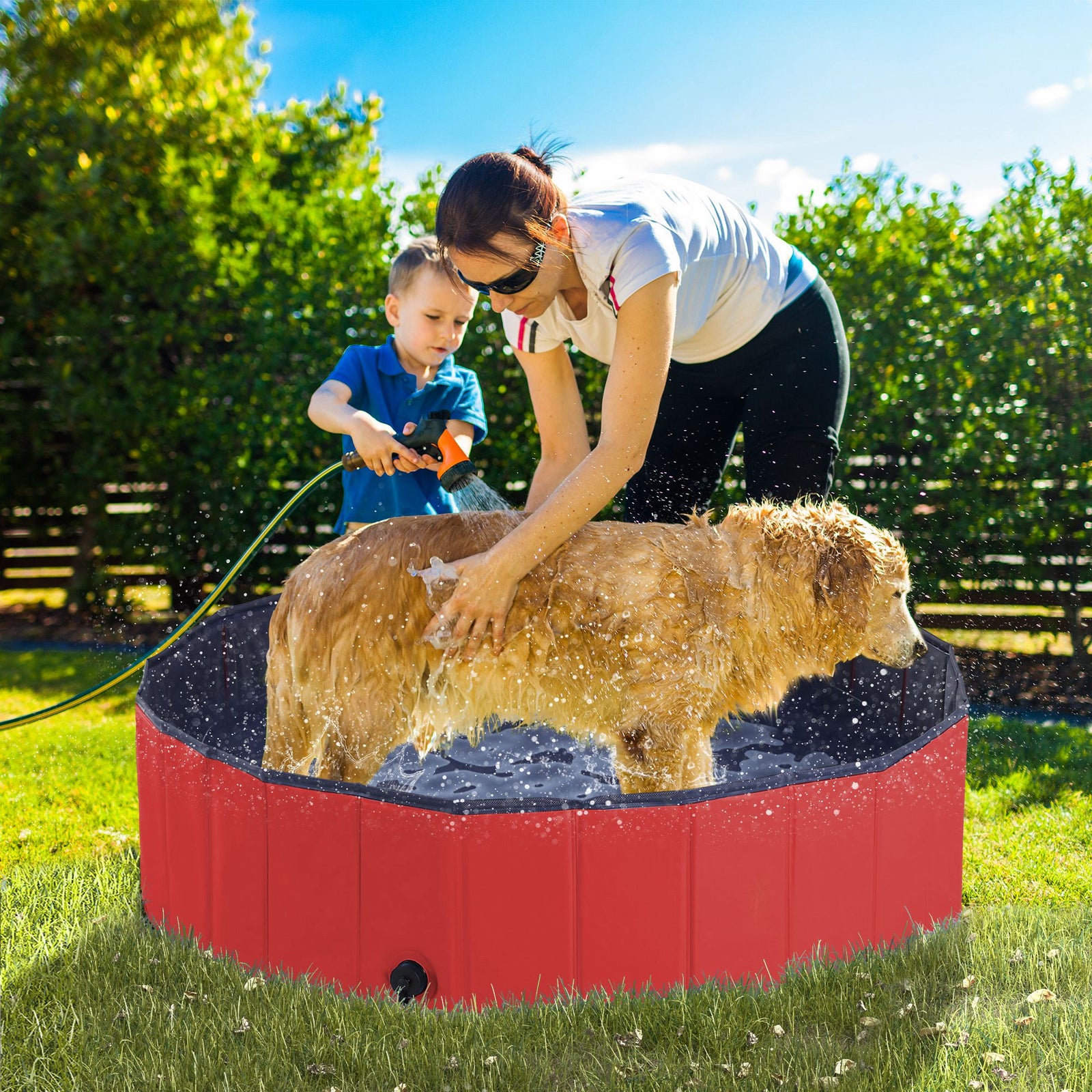 Dog Paddling Pool, Foldable Dog Pool, Leakproof & Hard Plastic, Portable Pet Bathtub with Non-Slip Base & Drainage Hole, for Indoors, Outdoors, Garden, Patio, 120 x 30 cm, Red