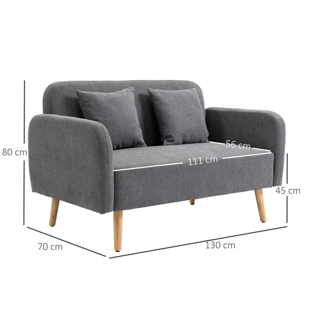 2 Seater Sofa, Modern Fabric Loveseat Sofa, Small Couch with 2 Pillows, Armrest and Wood Legs for Living Room, Bedroom, Home Office, Grey
