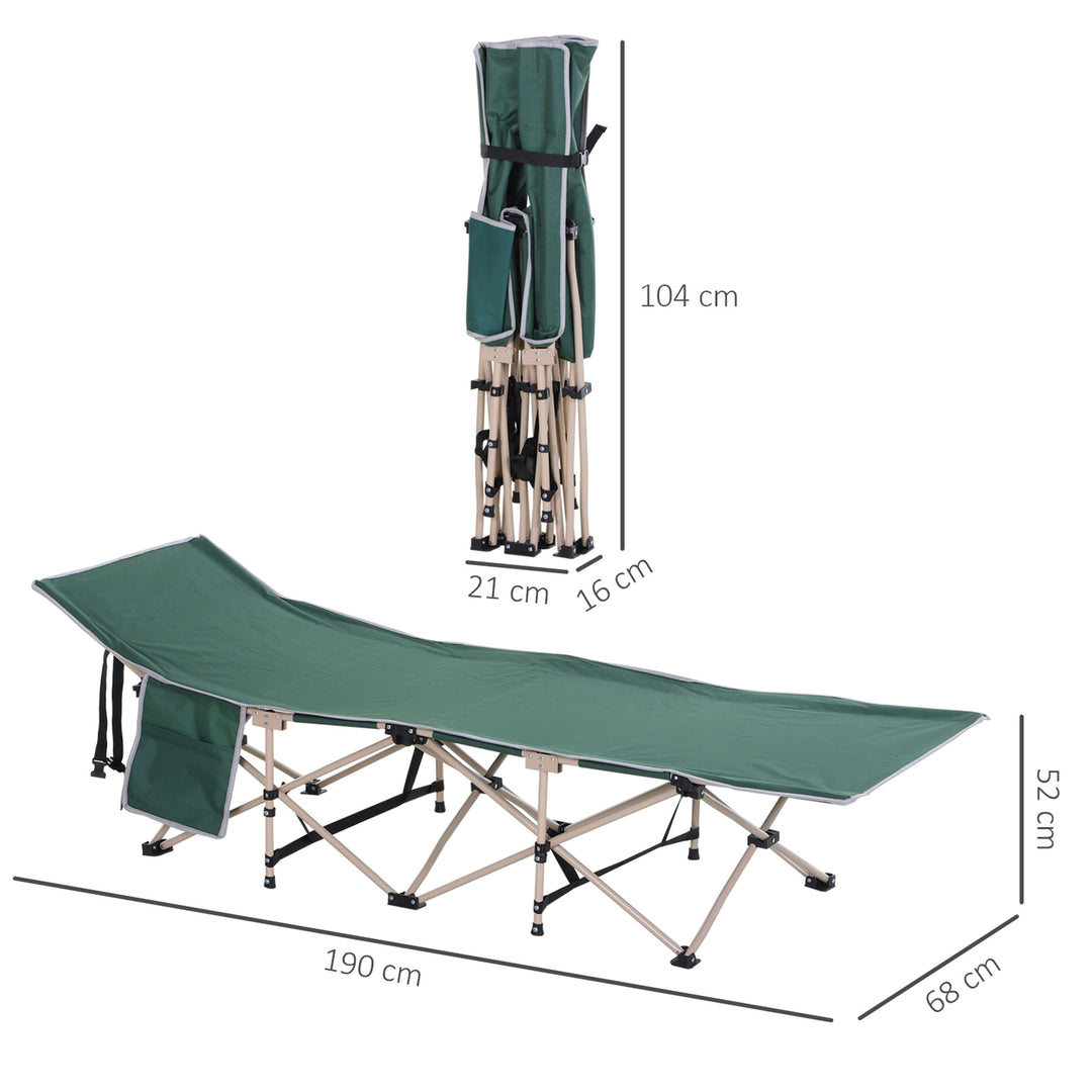 Single Person Camping Bed Folding Cot Outdoor Patio Portable Military Sleeping Bed Travel Guest Leisure Fishing with Side Pocket and Carry Bag - Green