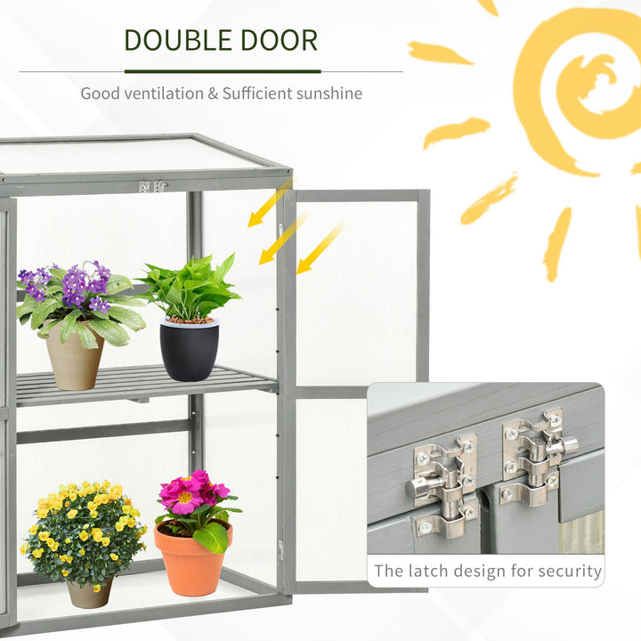Wooden Cold Frame Greenhouse Polycarbonate Garden Grow House for Flower Vegetable Plants with Adjustable Shelf, Double Doors, 76 x 47 x 110cm, Light Grey