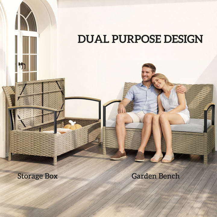 125L Garden Storage Bench, 2 Seater PE Rattan Outdoor Bench Storage Bo