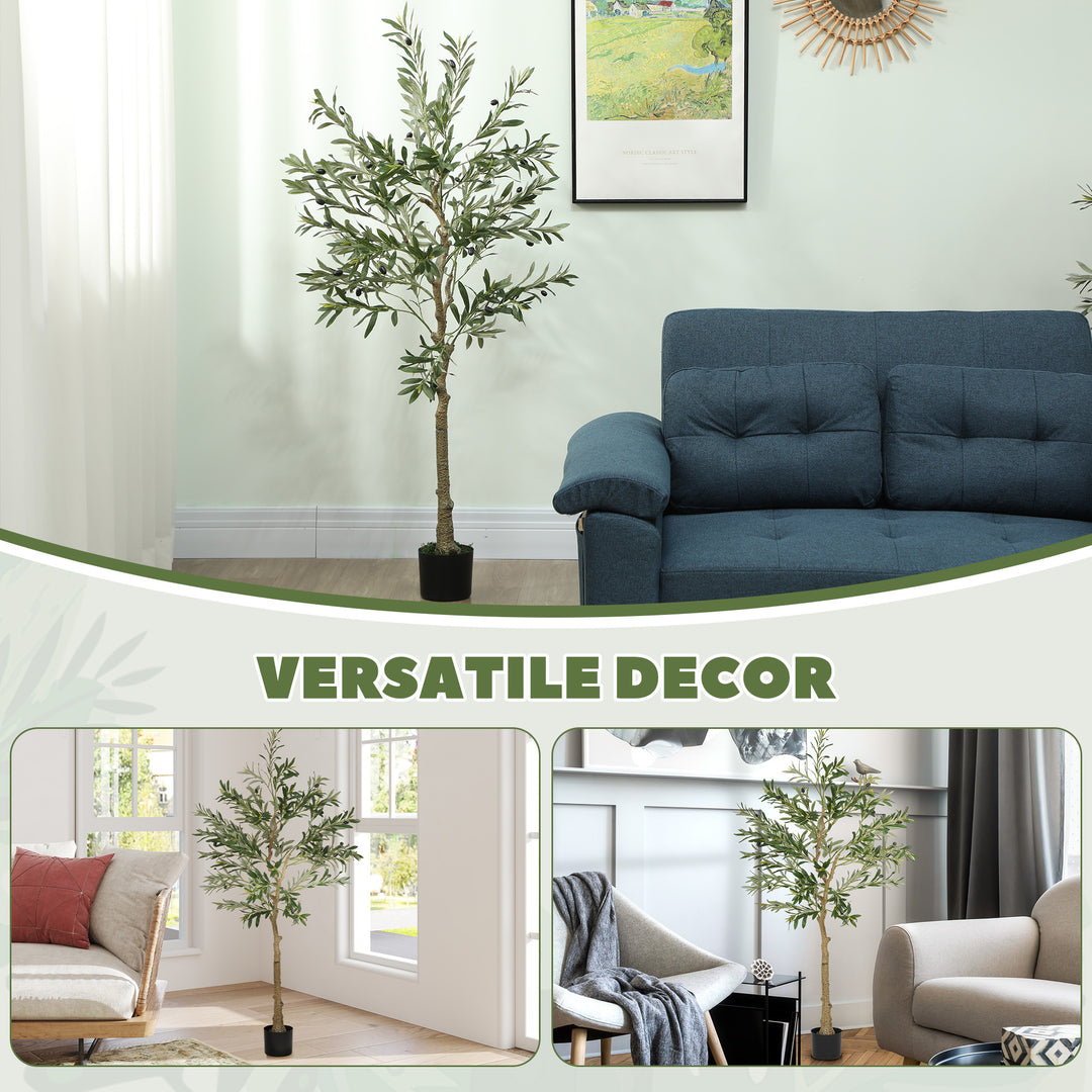 5ft/ 150cm Decorative Artificial Plant, Silk Olive Tree with 720 Leaves and 32 Olive Fruits in Pot, Fake Plant for Home, Office, Living Room, Indoor Decor