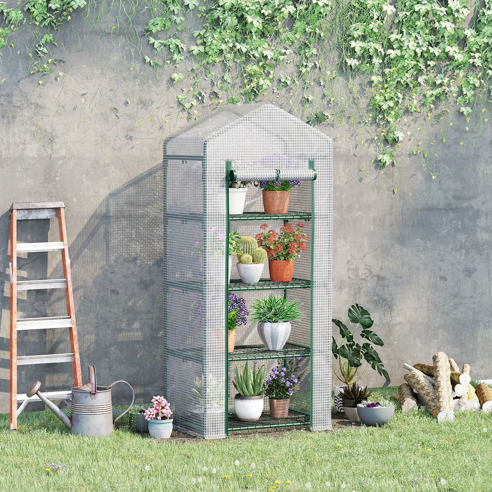 4 Tier Mini Greenhouse, Portable Compact Green House with Steel Frame, PE Cover, Roll-up Door, 70 x 50 x 160 cm, White