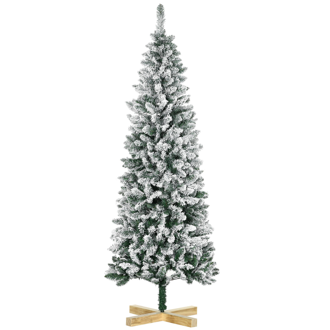 6 Ft Snow Flocked Artificial Christmas Tree, Xmas Pencil Tree with Realistic Branches, Auto Open, Pinewood Base, Green