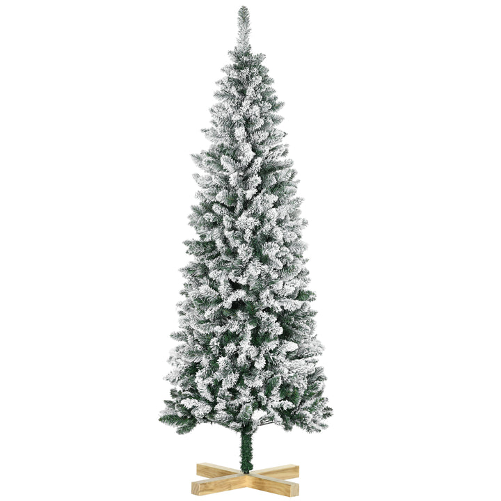6 Ft Snow Flocked Artificial Christmas Tree, Xmas Pencil Tree with Realistic Branches, Auto Open, Pinewood Base, Green
