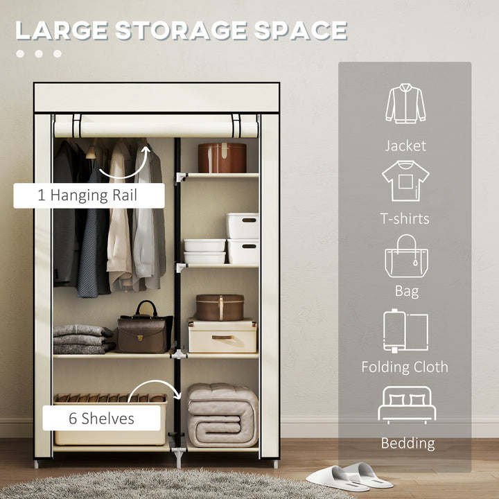 Fabric Wardrobe, Portable Wardrobe with 6 Shelves, 1 Hanging Rail, Foldable Closets, 103 x 43 x 162.5 cm, Cream White