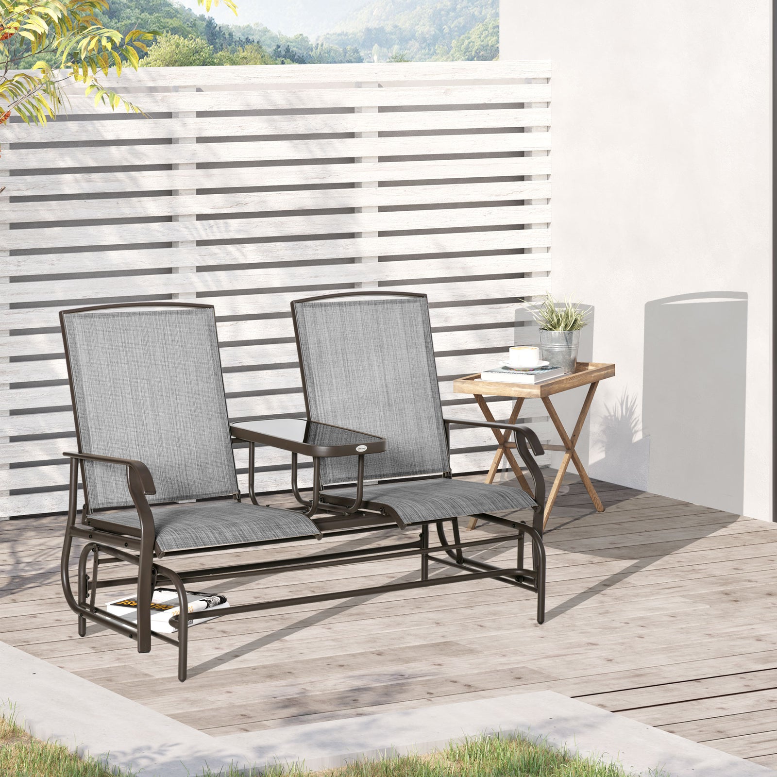 2 Seats Garden Glider Bench, Metal Frame Loveseat with Glass Top Centre Table, Porch Rocking Glider for 2 Person, for Deck, Patio, Brown/ Grey