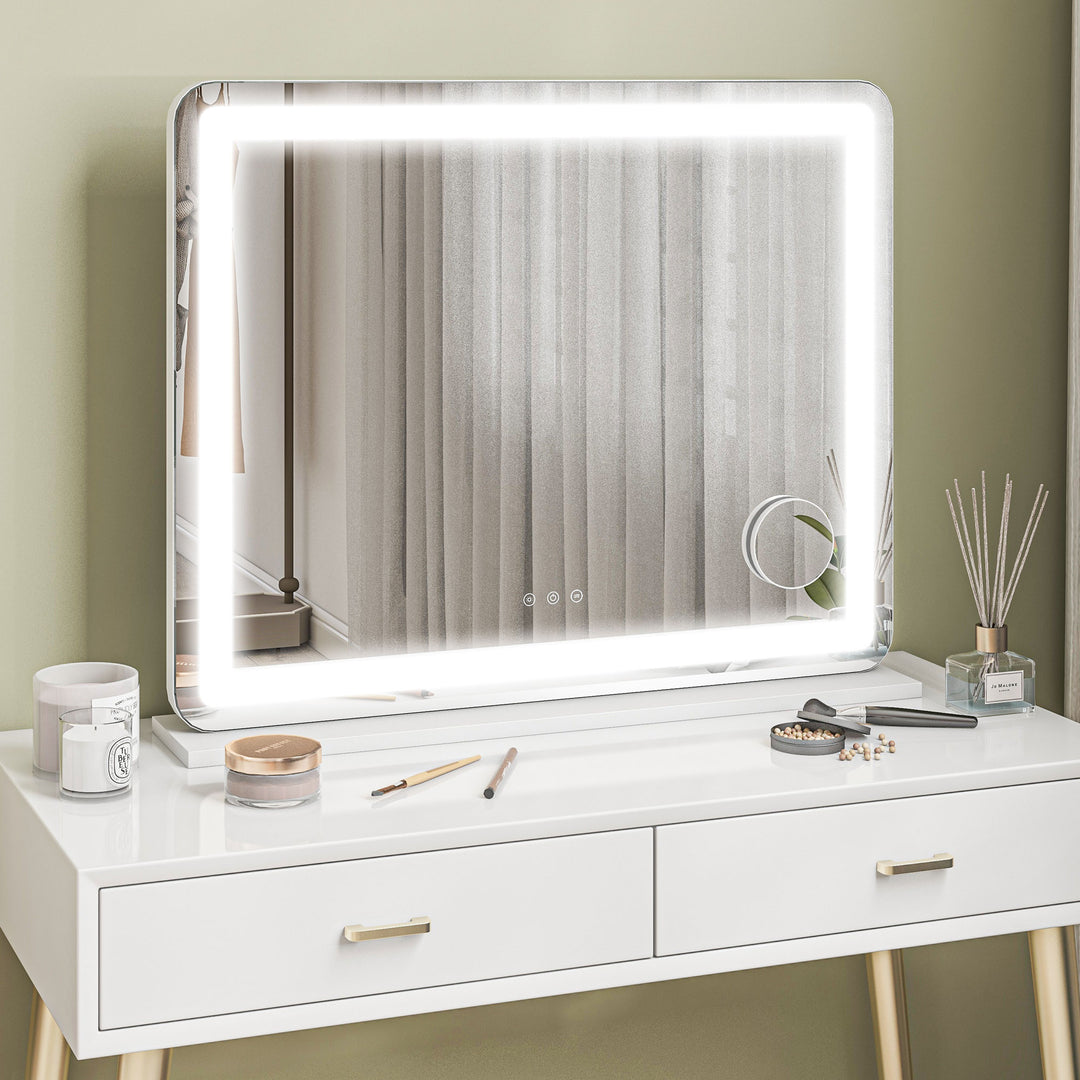 Vanity Mirror with Lights, Large Lighted Makeup Mirror with 3 Colour Lighting Modes, 10X Magnifying, USB Charging Port, Touch Screen, Tabletop or Wall Mounted Design for Bedroom, White