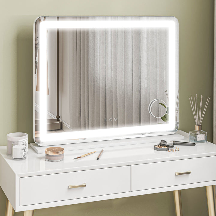 Vanity Mirror with Lights, Large Lighted Makeup Mirror with 3 Colour Lighting Modes, 10X Magnifying, USB Charging Port, Touch Screen, Tabletop or Wall Mounted Design for Bedroom, White