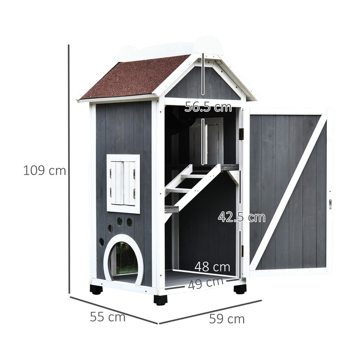 PawHut Wooden Cat House, Weatherproof Pet Shelter, Outdoor Cat Condos Cave, 2 Floor Furniture, Grey and White | Aosom UK