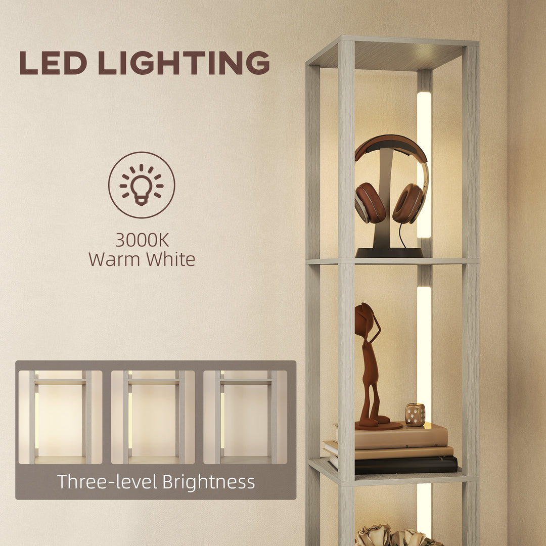 Floor Lamp with Shelves, LED Column Modern Standing Lamp with Fabric Drawer, Adjustable Brightness, Foot Switch for Living Room, Bedroom, Office, Oak
