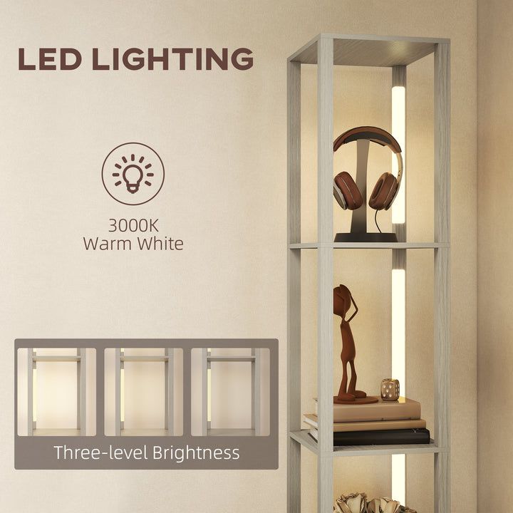 Floor Lamp with Shelves, LED Column Modern Standing Lamp with Fabric Drawer, Adjustable Brightness, Foot Switch for Living Room, Bedroom, Office, Oak