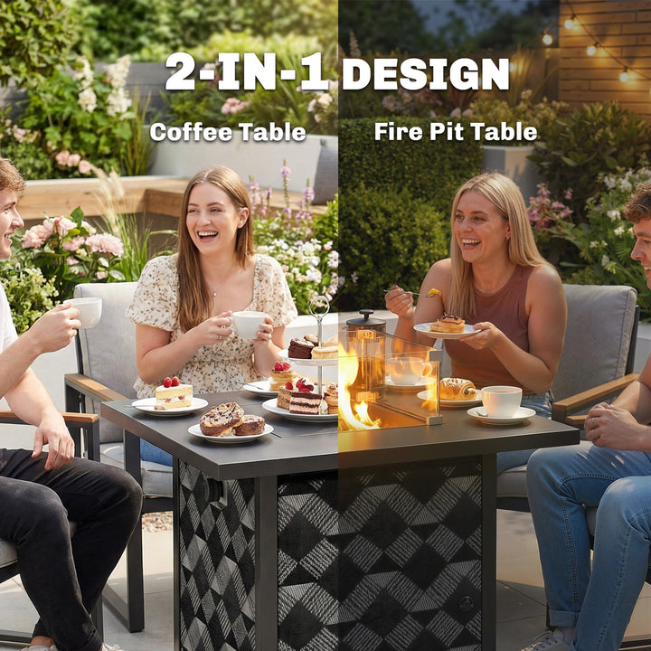 Square Propane Gas Fire Pit Table, 12 KW Firepit with Glass Wind Guard