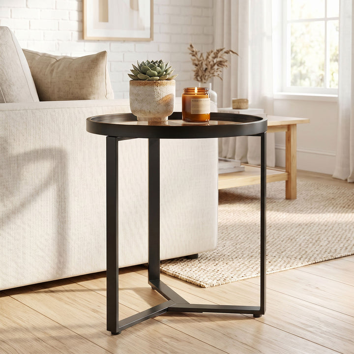 Round Side Table with Tempered Glass Top and Geometric Metal Frame for