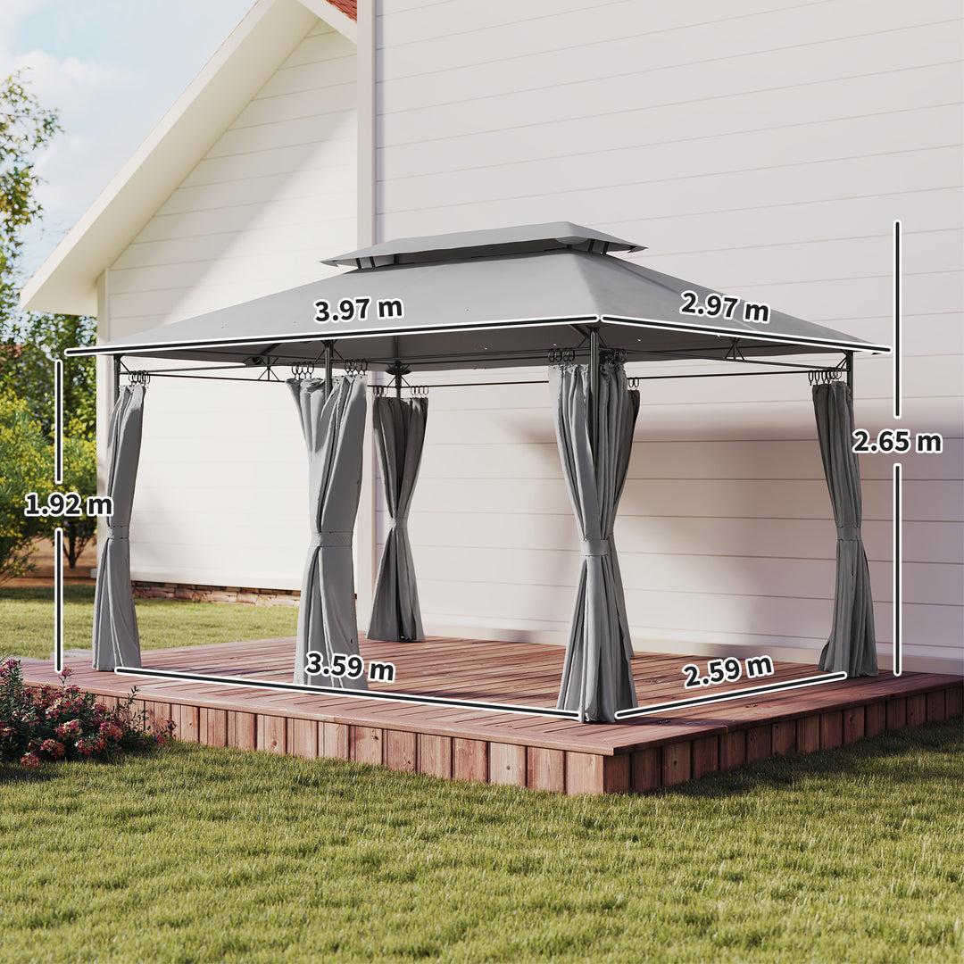 3 x 4m Metal Frame, Two-Tier Roof Gazebo - Dark Grey