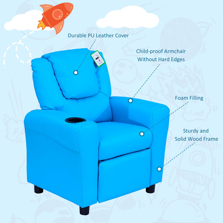 MCL Kids Recliner Chair, PU Leather with Adjustable Backrest, Footrest, Padded Headrest, Blue