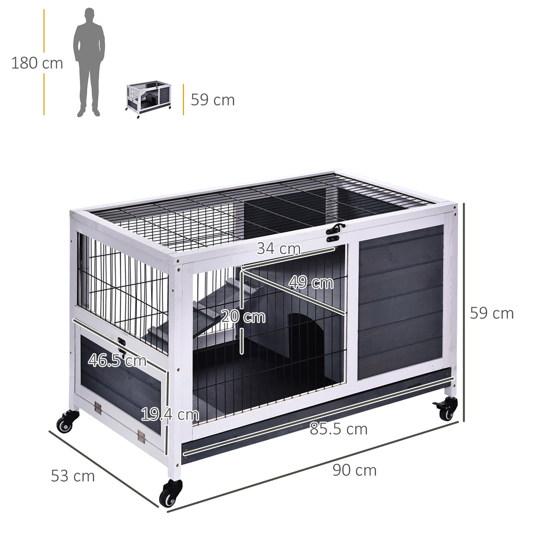 Wooden Guinea Pig Hutch, 2-Floor Bunny Cage w/ Enclosed Run Area, Grey