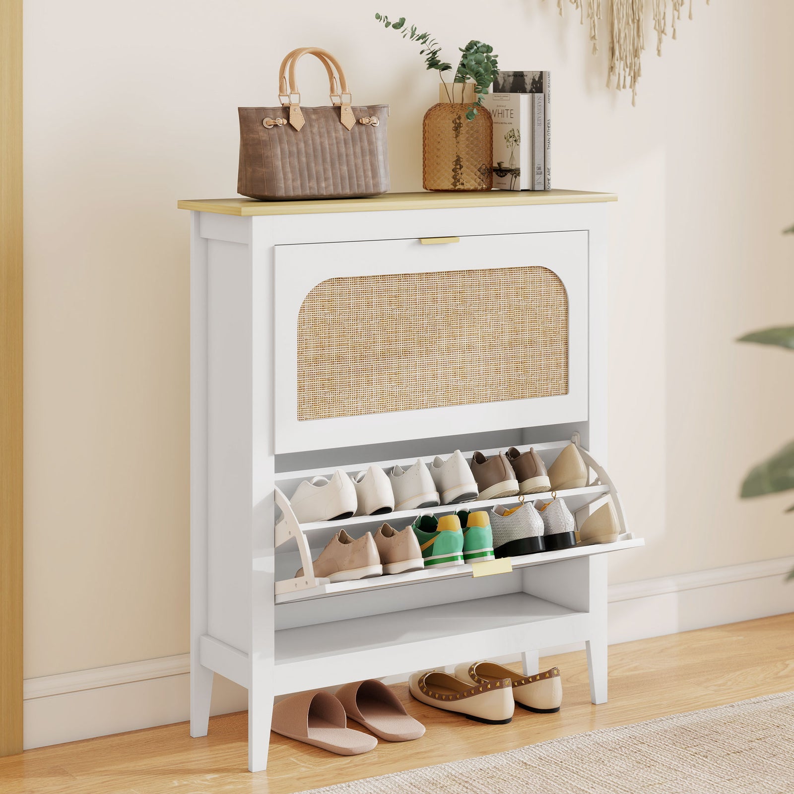 Narrow Shoe Cabinet, Boho Slim Shoe Storage Cabinet with 2 Flip Drawer