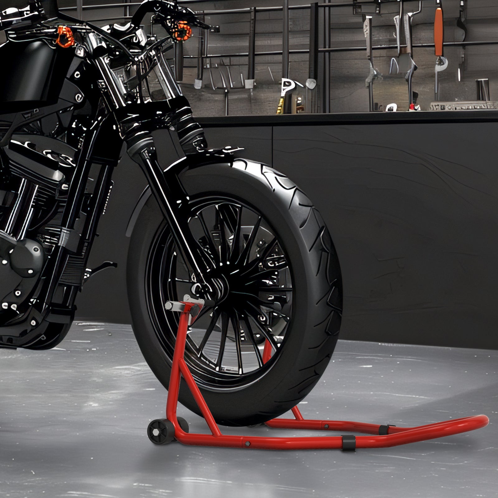 Front Motorcycle Paddock Stand Motorbike Stand with Anti-Slip Mat, U-Shaped and L-Shaped Adapters, 200 kg Capacity, for 18", 17" and 10" Tyre, Red