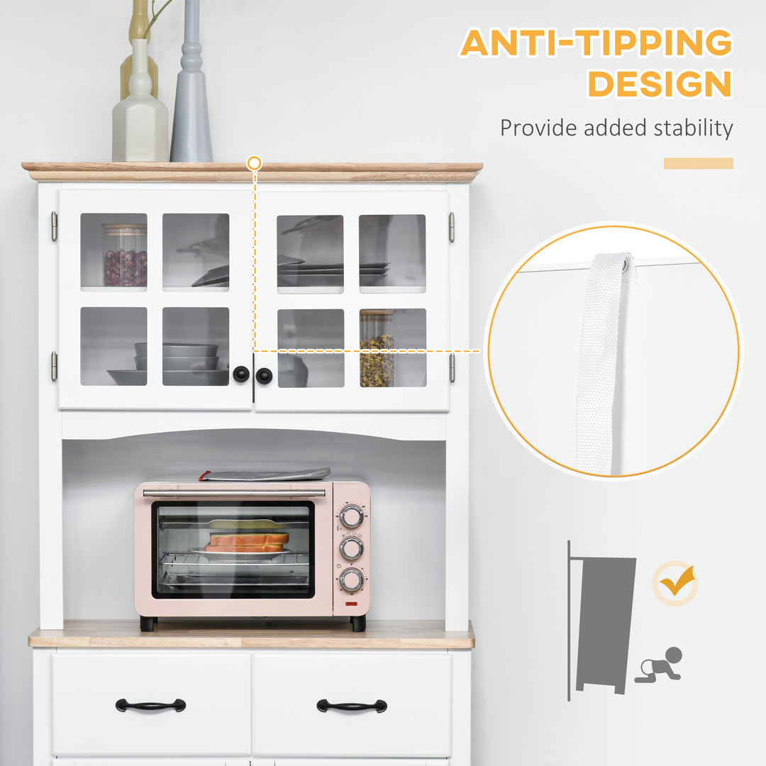 Freestanding Kitchen Cupboard, Kitchen Storage Cabinet with Framed Glass Doors, 2 Drawers, Microwave Counter, White