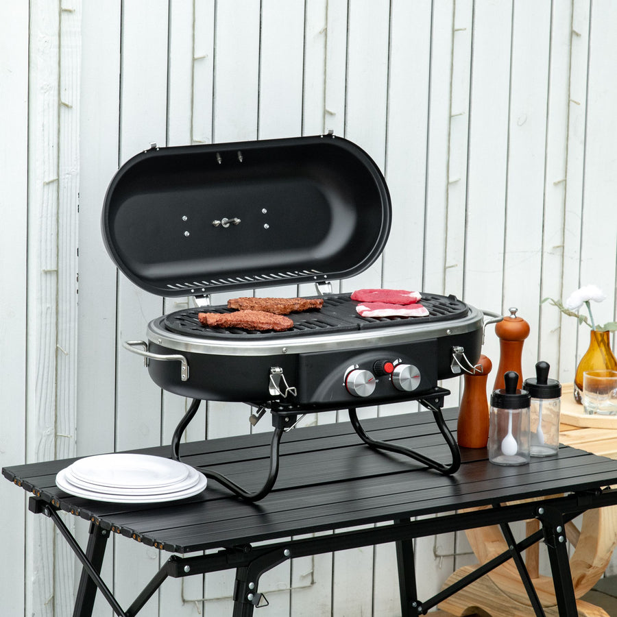 Foldable Gas BBQ Grill 2 Burner Table Top Barbecue with Lid Piezo Ignition Thermometer for Camping Picnic Cooking, Aluminium Alloy