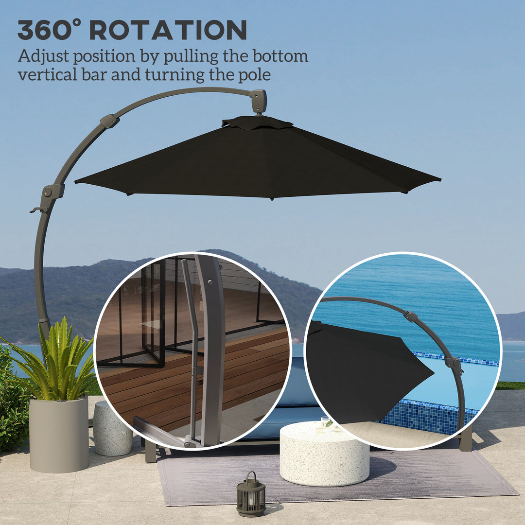 3(m) Garden Cantilever Parasol, Round Overhanging Umbrella with Crank Handle, Cross Base, Aluminium Frame and 360° Rotation, Banana Patio Umbrella for Outdoor Sun Shade, Black